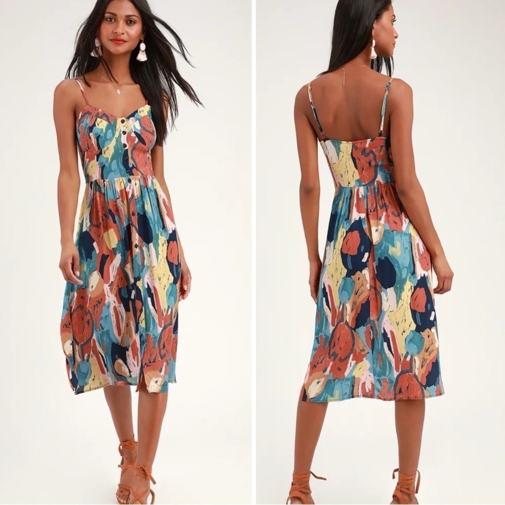 Rolla’s Eve Painted Tulip Print Button Up Midi Dress in Rust Orange Sz S